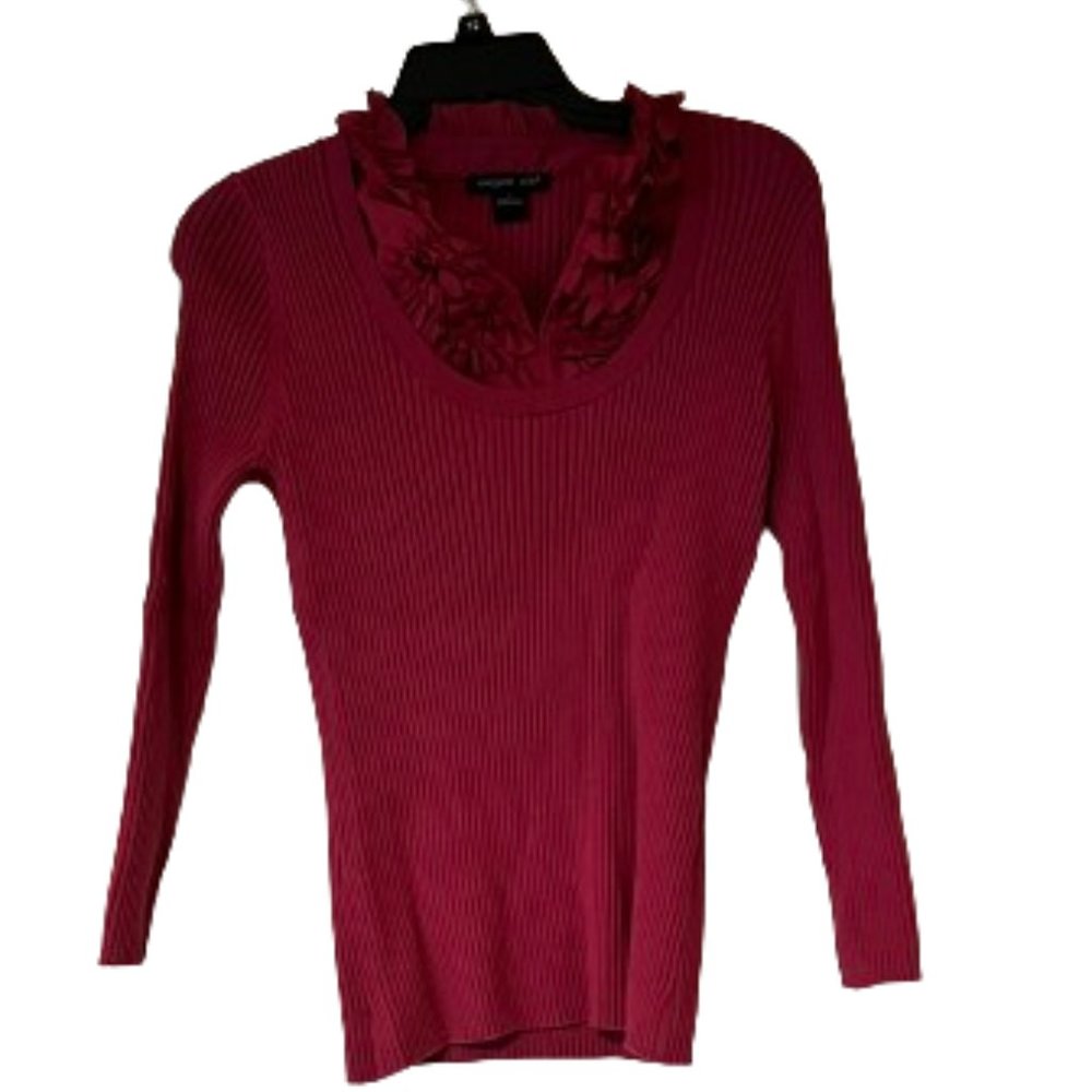 August Silk Raspberry Stretch Sweater with Ruffle Faux Shirt - Large - Fashion